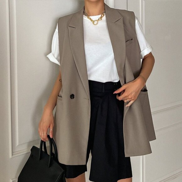 Khaki Casual Women's Double Button Double Pocket Vest Blazer - Picture 2 of 8